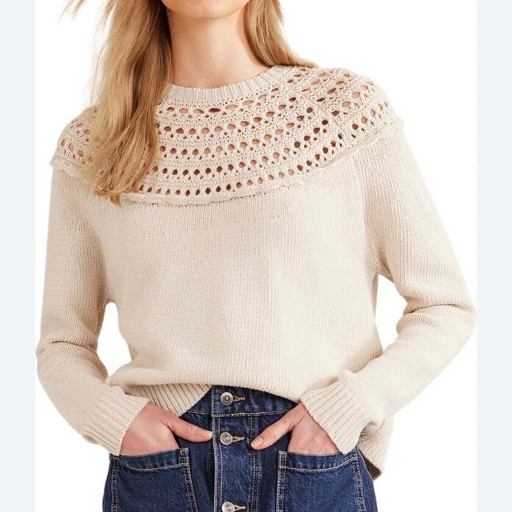 Boden Cream Open-Knit Yoke Crewneck Sweater